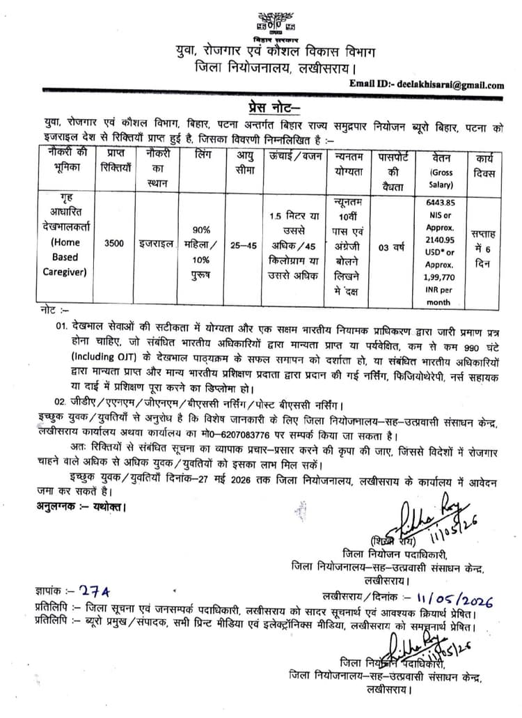 इजराइल में नौकरी का बड़ा मौका, केयर गिवर के 3500 पदों पर बहाली और 2 लाख तक वेतन