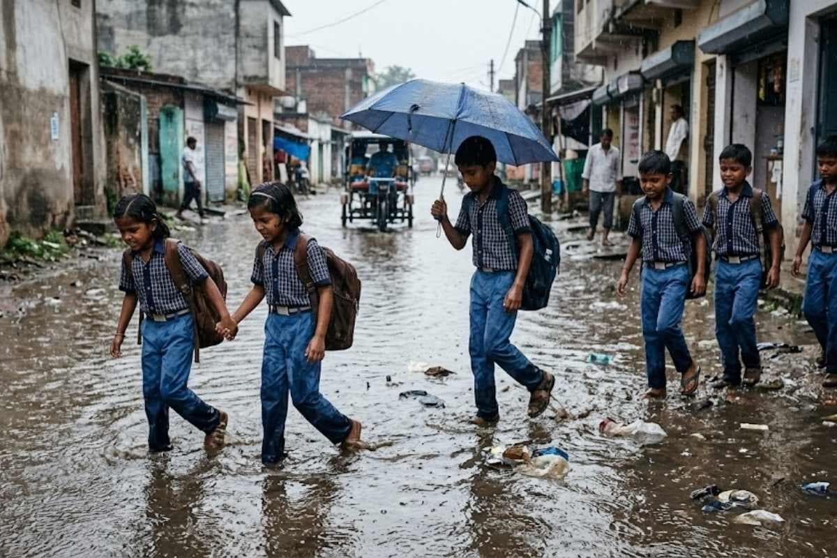 सीतामढ़ी : हल्की बारिश में ही सड़क पर जलजमाव, गंदे पानी से होकर स्कूल जाने को मजबूर बच्चे