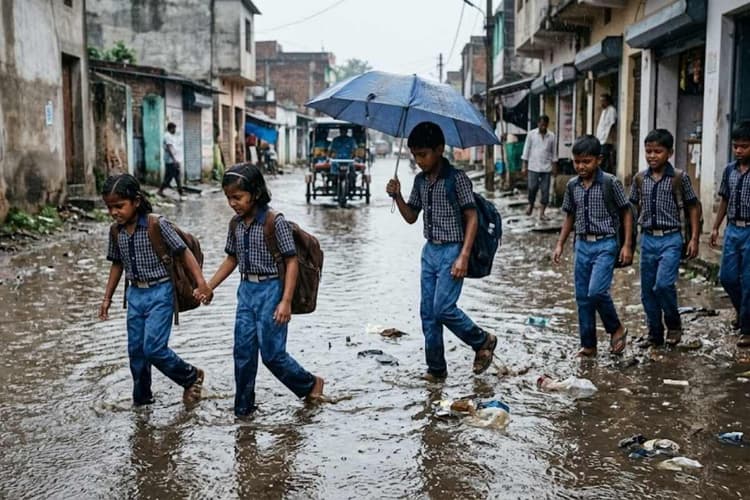 सीतामढ़ी : हल्की बारिश में ही सड़क पर जलजमाव, गंदे पानी से होकर स्कूल जाने को मजबूर बच्चे