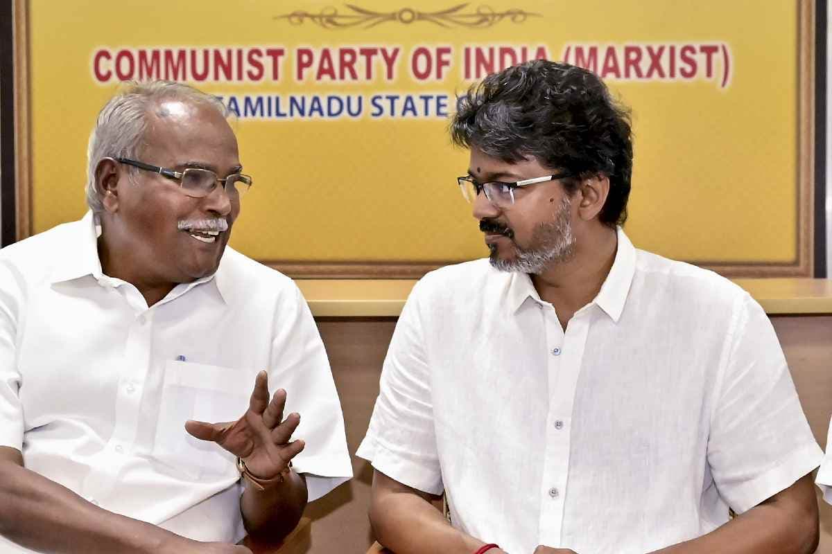 TVK chief Vijay meeting with CPI(M) Tamil Nadu state secretary P Shanmugam