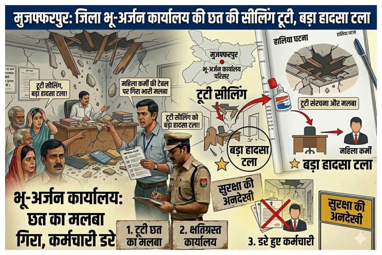 Muzaffarpur News: जिला भू-अर्जन कार्यालय की छत की सीलिंग टूटी, महिला कर्मी की टेबल पर गिरा मलबा, बड़ा हादसा टला