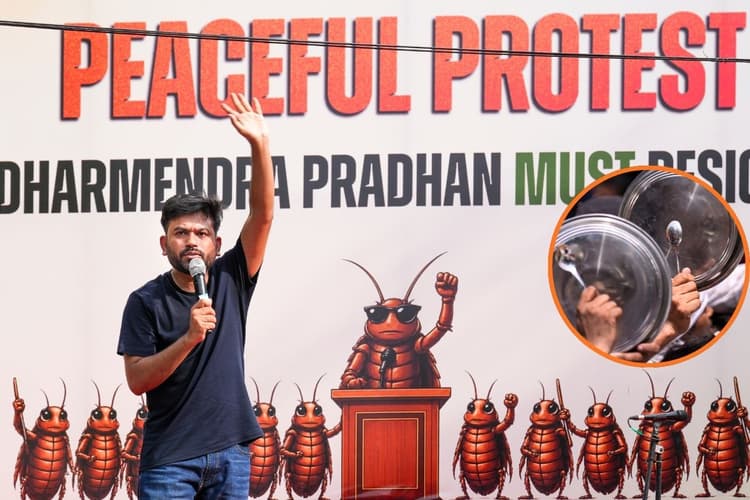 'कॉकरोच जनता पार्टी' का थाली-चम्मच के साथ प्रदर्शन, शिक्षा मंत्री से मांगा इस्तीफा