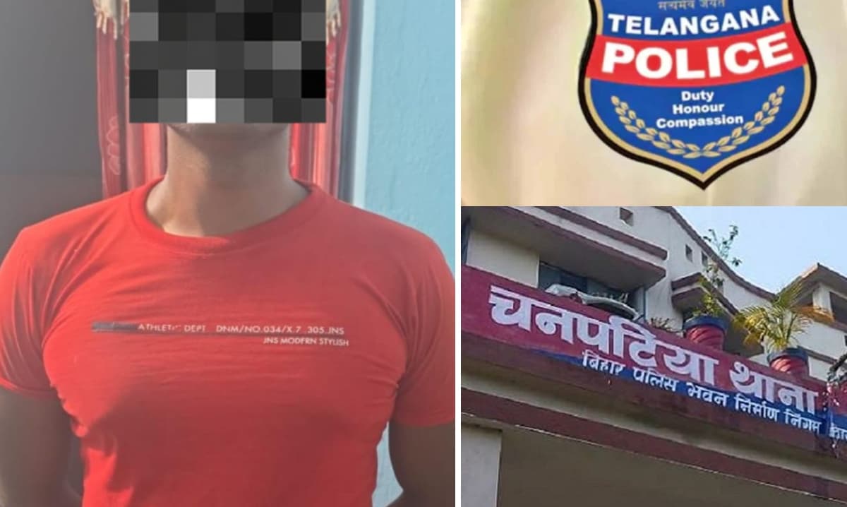 Police officials with an accused arrested in connection with a Telangana woman murder case during a joint operation in West Champaran. Police officials with an accused arrested in connection with a Telangana woman murder case during a joint operation in West Champaran.