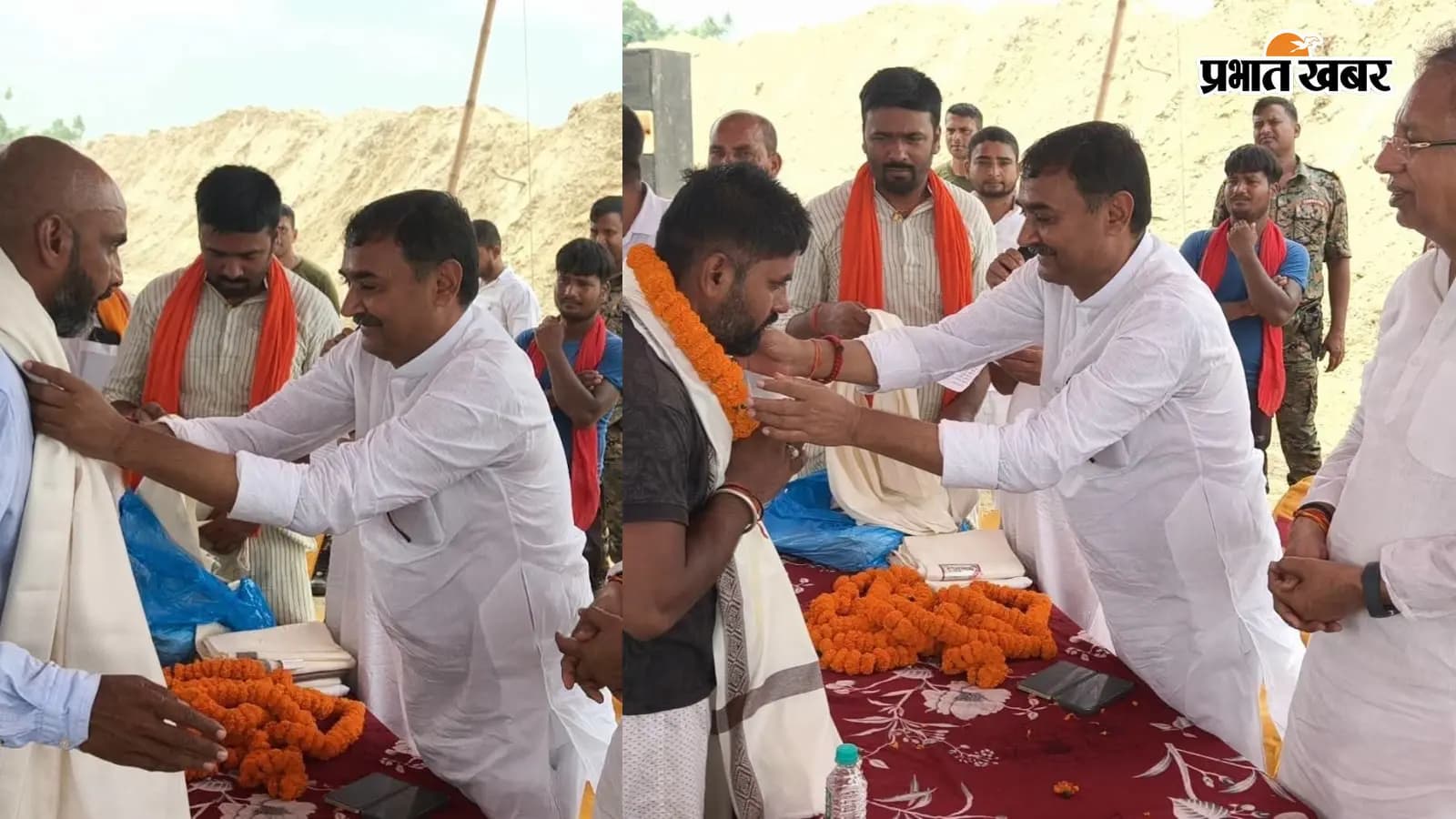 भूमि दान करने वाले किसानों को सम्मानित करते सांसद डॉ. संजय जायसवाल और विधायक बबलू गुप्ता भूमि दान करने वाले किसानों को सम्मानित करते सांसद डॉ. संजय जायसवाल और विधायक बबलू गुप्ता