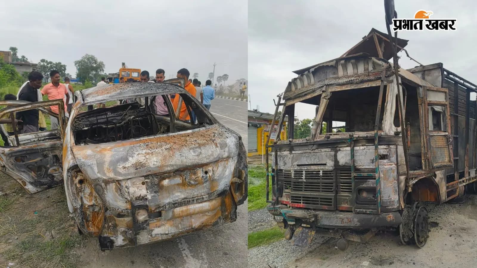 हादसे के बाद सड़क पर खड़ी कार और ट्रक हादसे के बाद सड़क पर खड़ी कार और ट्रक