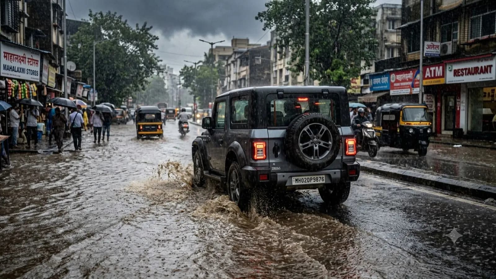 बारिश के दौरान पानी भरी सड़क पर चलती कार (Photo: AI Generated) बारिश के दौरान पानी भरी सड़क पर चलती कार (Photo: AI Generated)