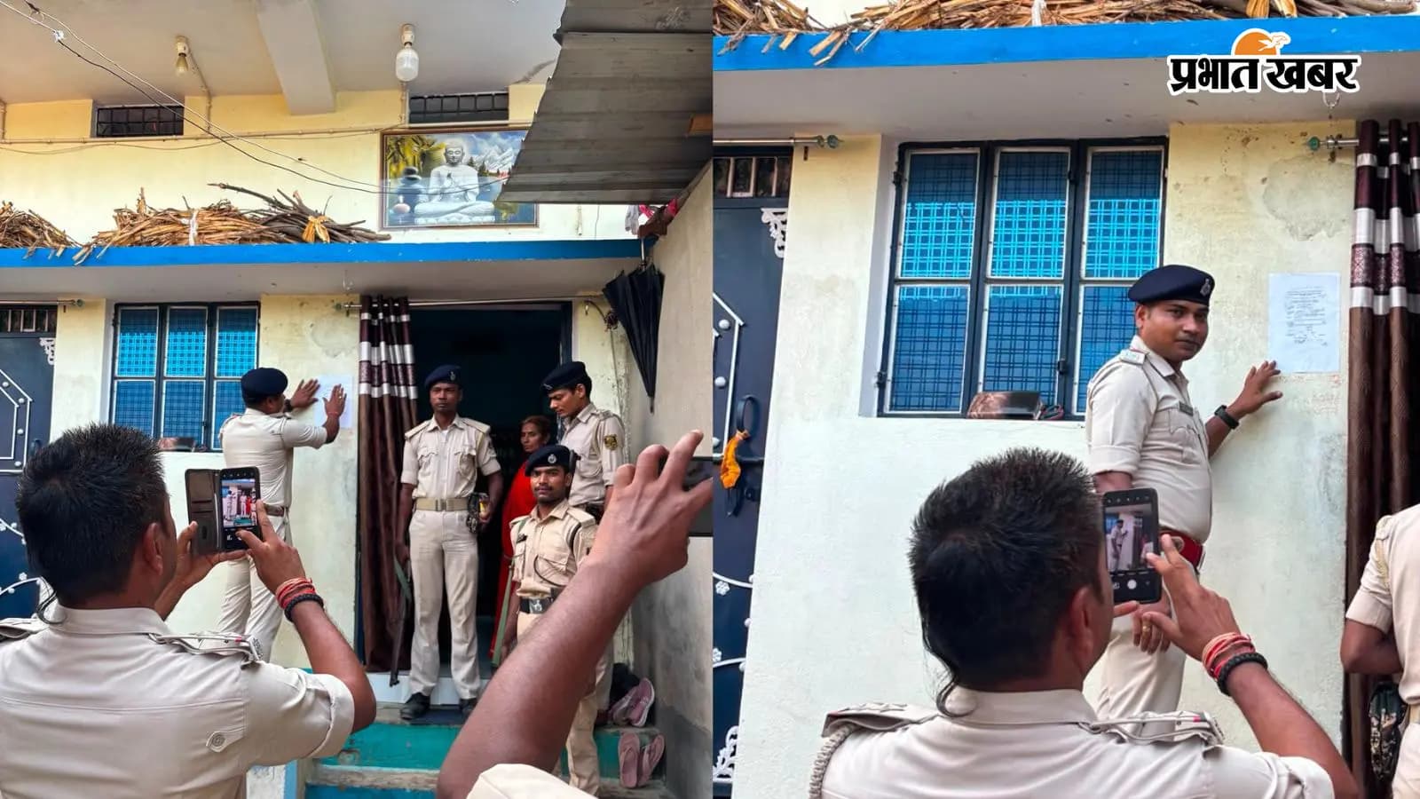 अभियुक्त के घर इश्तेहार चिपकाती पुलिस अभियुक्त के घर इश्तेहार चिपकाती पुलिस