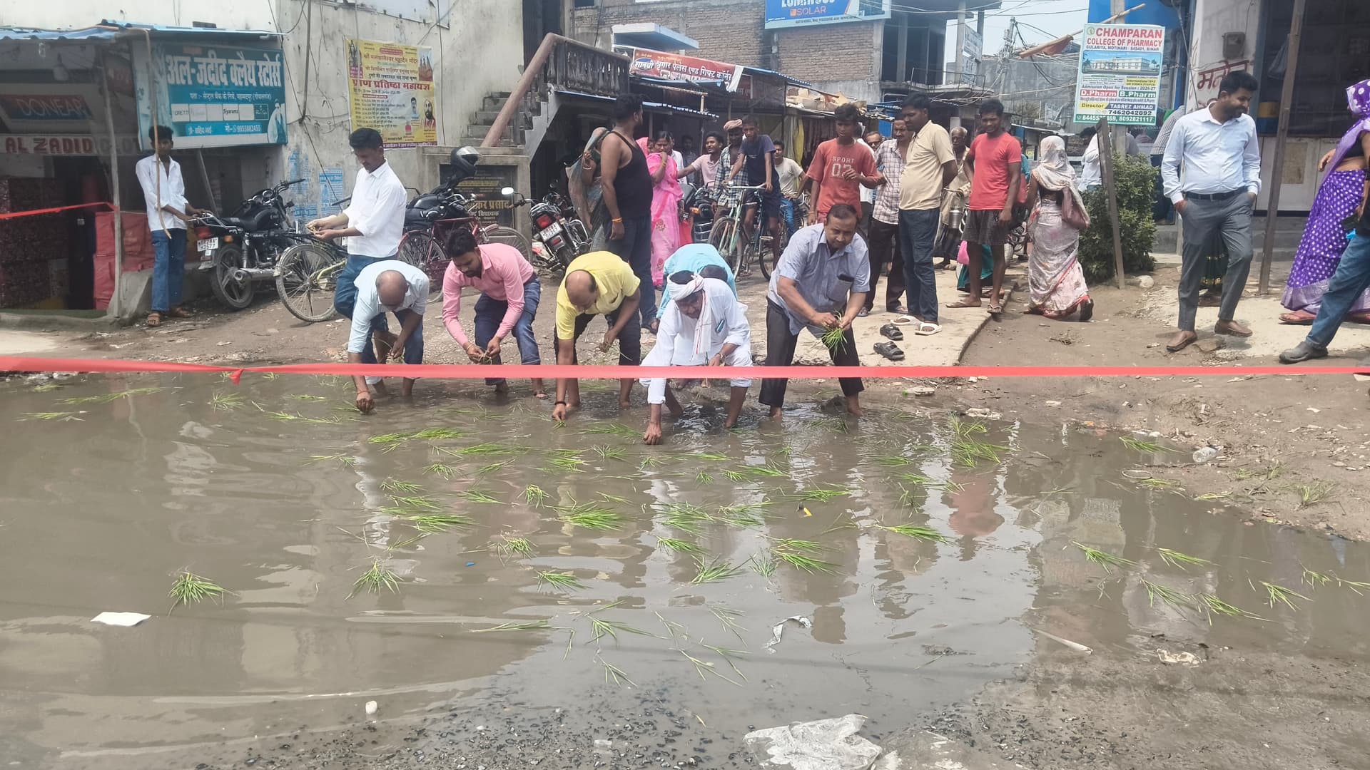 सड़क पर जल भराव से नाराज व्यवसायियों ने किया अनोखा विरोध प्रदर्शन,सड़क पर ही रोप दिया धान. सड़क पर जल भराव से नाराज व्यवसायियों ने किया अनोखा विरोध प्रदर्शन,सड़क पर ही रोप दिया धान.