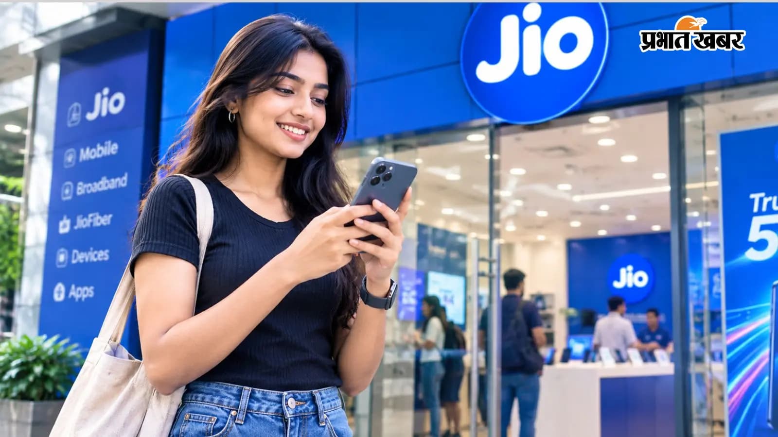 रिलायंस जियो स्टोर के सामने खड़ी एक लड़की फोटो एआई से बनी रिलायंस जियो स्टोर के सामने खड़ी एक लड़की फोटो एआई से बनी