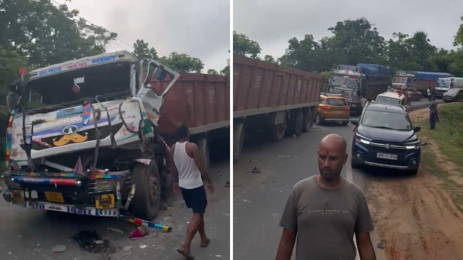 टक्कर के बाद क्षतिग्रस्त ट्रक व वाहनों की लगी कतार.
