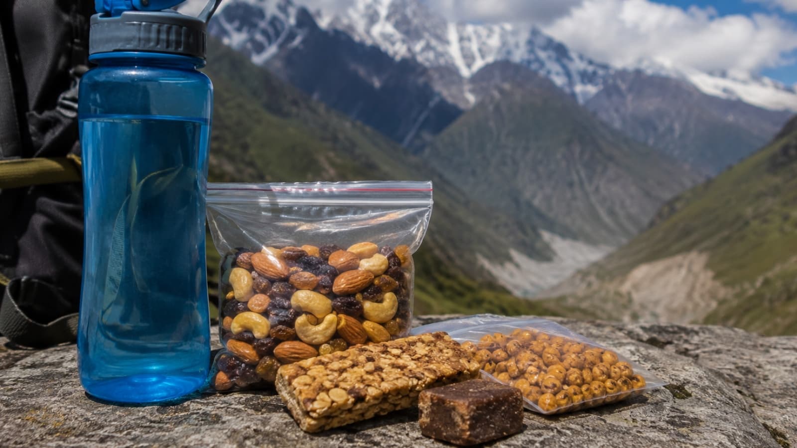 Water Bottle and Healthy Snacks, AI Image