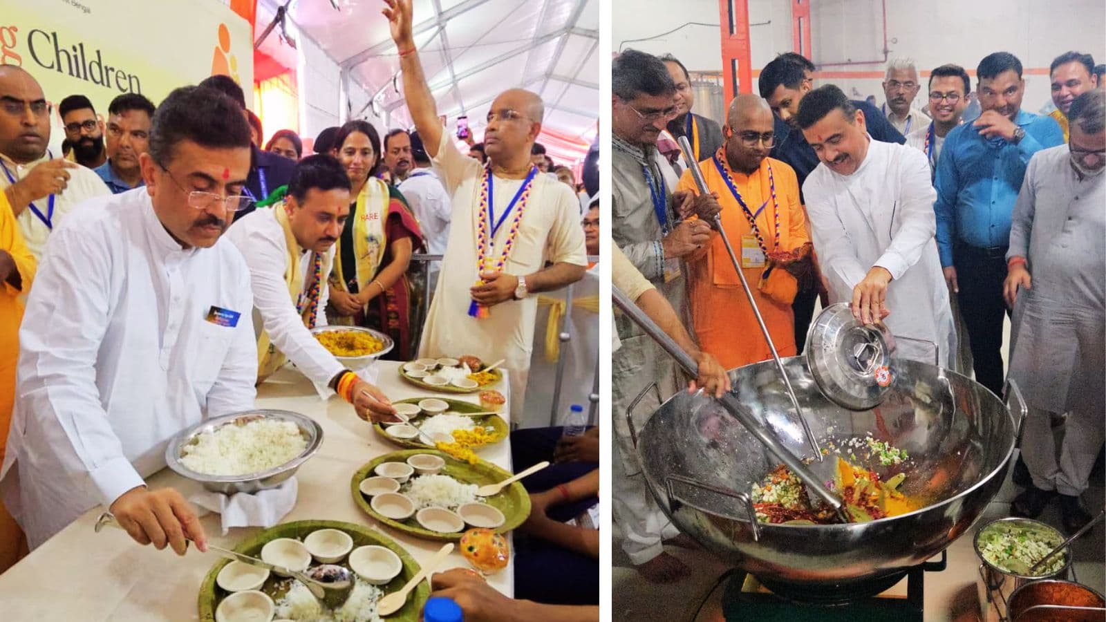 इस्कॉन के किचन में मध्याह्न भोजन पकाने और बच्चों को खिलाने में जुटे दिखे मुख्यमंत्री शुभेंदु अधिकारी. फोटो : प्रभात खबर
