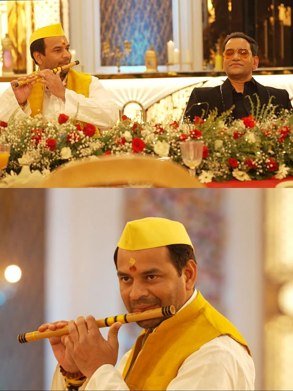 पीली टोपी और बांसुरी के साथ तेज प्रताप यादव का कृष्ण अवतार, साथ दिखे दिनेश लाल यादव