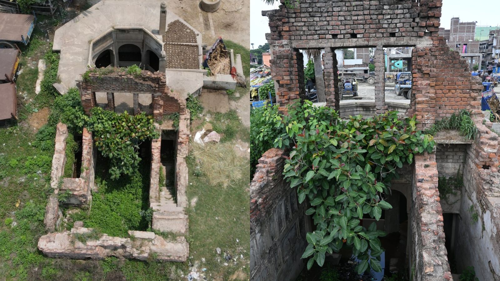 झाड़-झंखाड़ और कचरे से घिरा