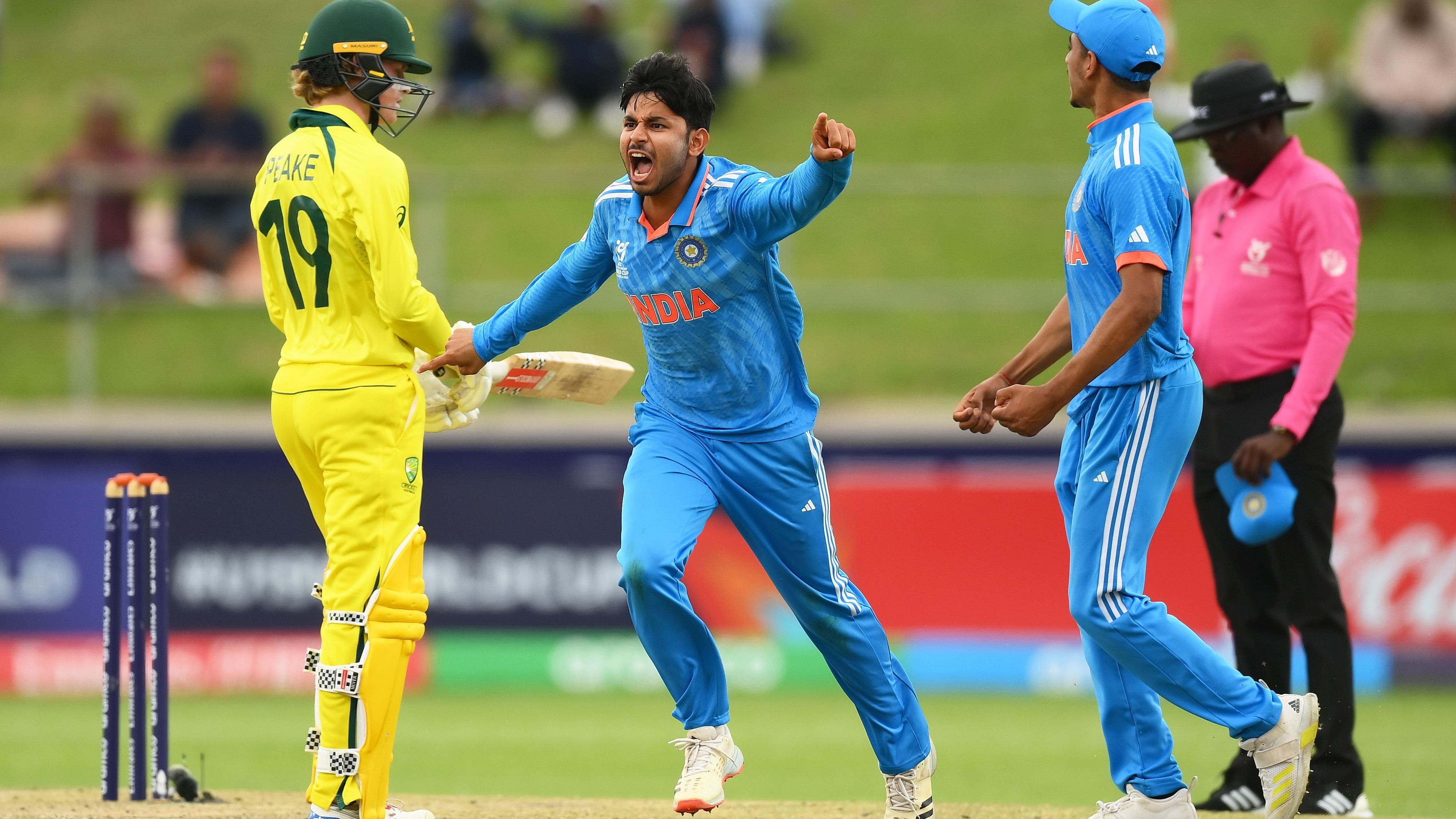 Saumy Kumar Pandey Of India Celebrates The Wicket Of Harjas Singh Of Australia During The Icc U19 Me