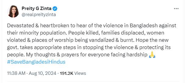 Bangladesh Violence: हो रहा है महिलाओं के साथ दुर्व्यवहार, एक्ट्रेस प्रीति जिंटा ने कहा- हिंदुओं को बचाए सरकार 1 Bangladesh Protest Prity Zinta