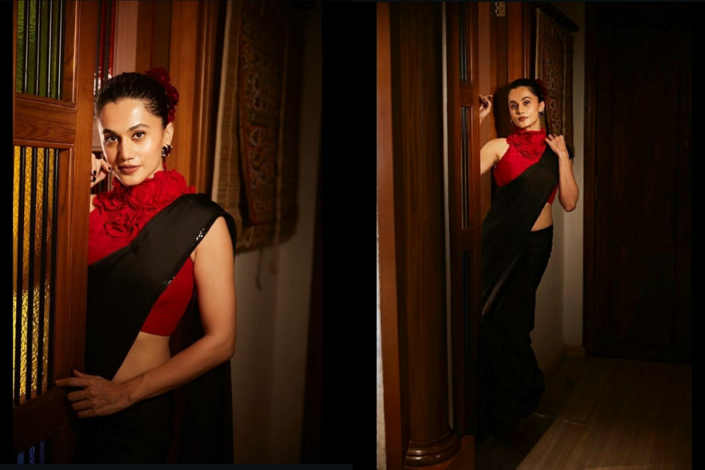 Tapsee Pannu'S Saree Looks: &Quot;फिर आई हसीन दिलरुबा&Quot; में तापसी पन्नू के शानदार साड़ी लुक, जो सबका ध्यान अपनी ओर खींच रहे हैं 3 The Bold Black Saree