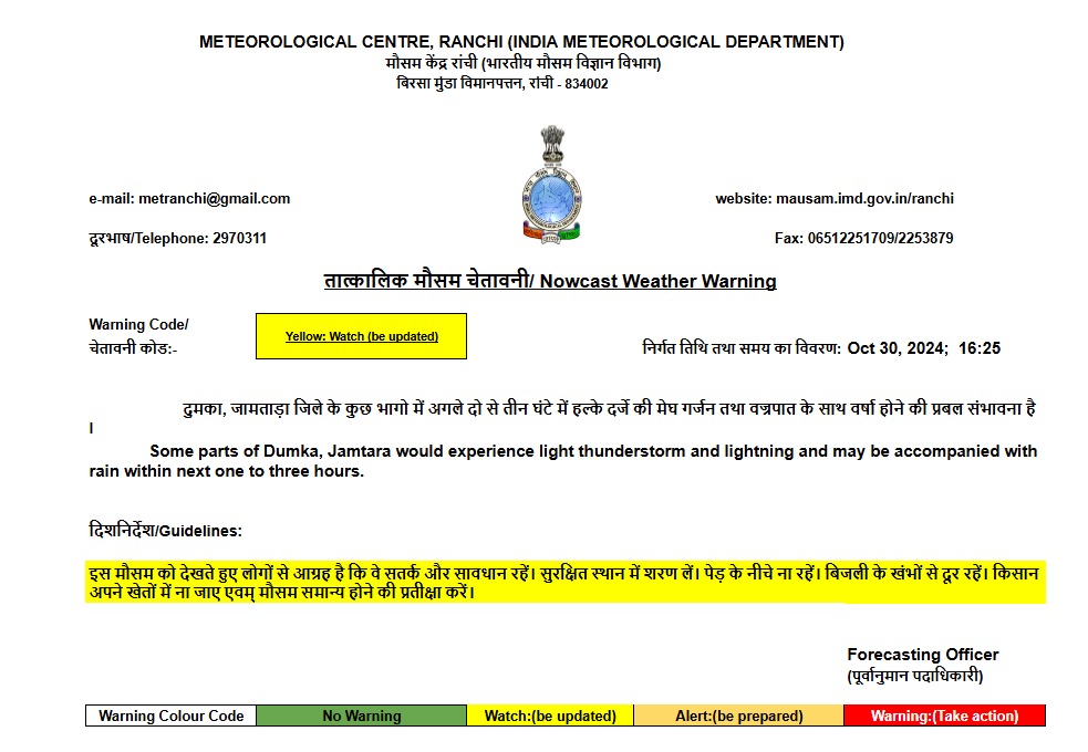Jharkhand Weather: झारखंड में दिवाली पर कैसा रहेगा मौसम? इन दो जिलों में आज होगी बारिश, वज्रपात का अलर्ट 1 Whatsapp Image 2024 10 30 At 4.26.19 Pm