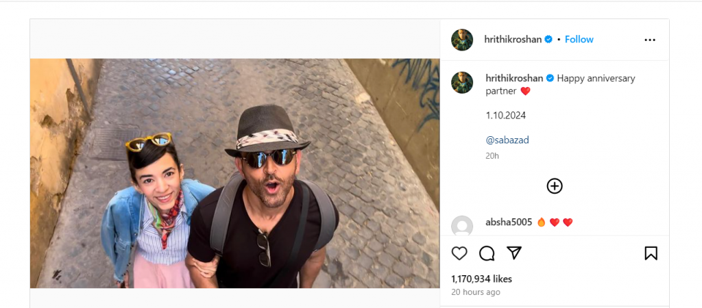 Hrithik Roshan: क्या ऋतिक रोशन और सबा आजान की हो गई शादी? कपल ने मनाई एनिवर्सरी, साथ में शेयर किया तस्वीर 1 Image