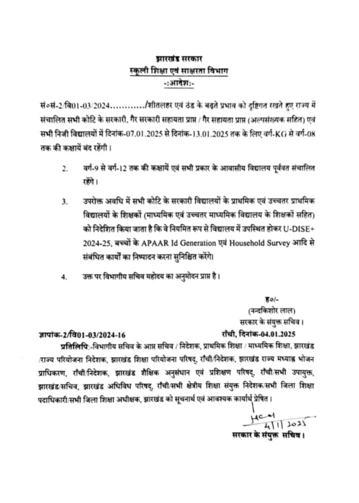 झारखंड में केजी से आठवीं तक की कक्षाएं 13 जनवरी तक रहेंगी बंद, शिक्षा विभाग ने जारी किया आदेश 1 Whatsapp Image 2025 01 04 At 9.16.31 Pm