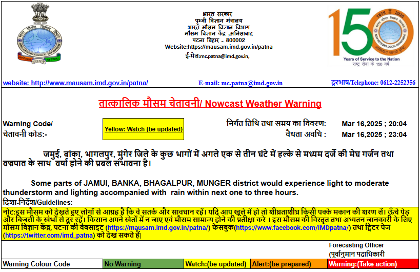 Bihar Rain Alert: बिहार के 4 जिलों में अगले तीन घंटे होगी मूसलाधार बारिश, IMD ने जारी किया अलर्ट 1 GmK2C3kbMAAtQWB