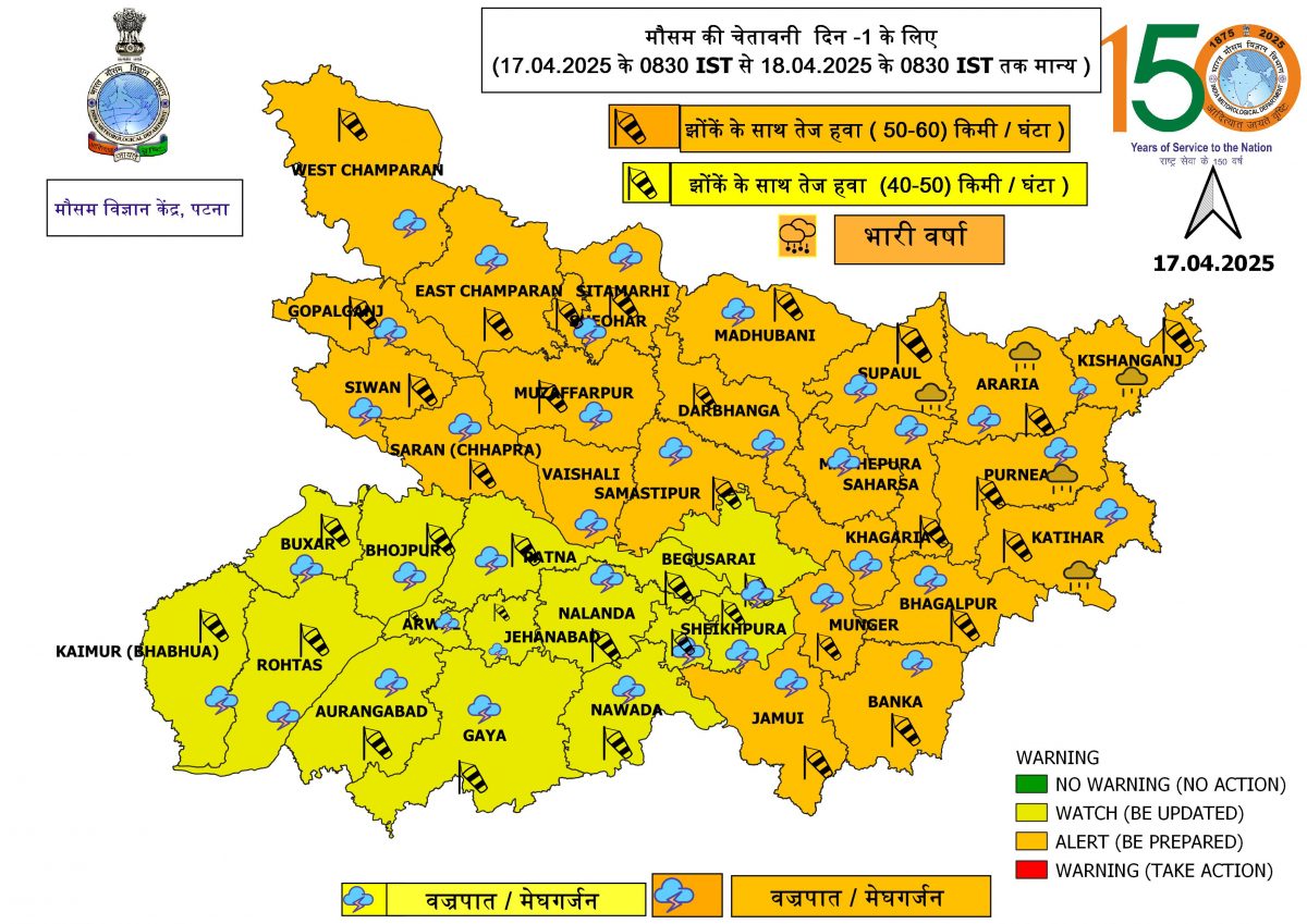 Bihar Rain Alert: बिहार के 25 जिलों में ऑरेंज और 13 जिलों में येलो अलर्ट, अगले 24 घंटे आंधी-तूफान के साथ होगी बारिश 2 Goug881Acaihqz5
