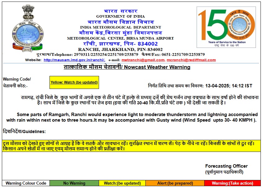 चिलचिलाती धूप और गर्मी को जाइए भूल, कुछ ही देर में झारखंड का मौसम होगा कूल-कूल, Imd की चेतावनी 2 Whatsapp Image 2025 04 13 At 2.12.45 Pm