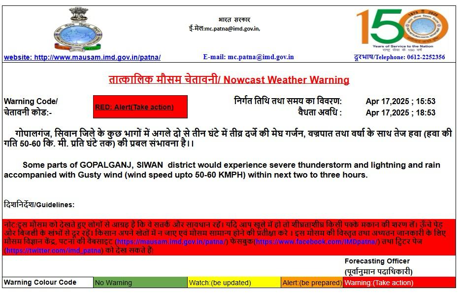 Nowcast Bihar: बिहार के इन 2 जिलों में अगले 3 घंटे होगी भयंकर बारिश, Imd ने जारी किया रेड अलर्ट 1 Whatsapp Image 2025 04 17 At 4.00.14 Pm