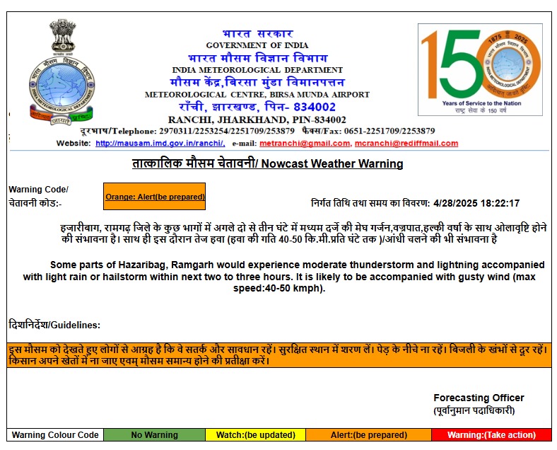 Jharkhand Weather: झारखंड में तेज हवाओं के साथ झमाझम बारिश, गर्मी से राहत, 5 जिलों के लिए ऑरेंज अलर्ट 4 Whatsapp Image 2025 04 28 At 6.22.35 Pm 1