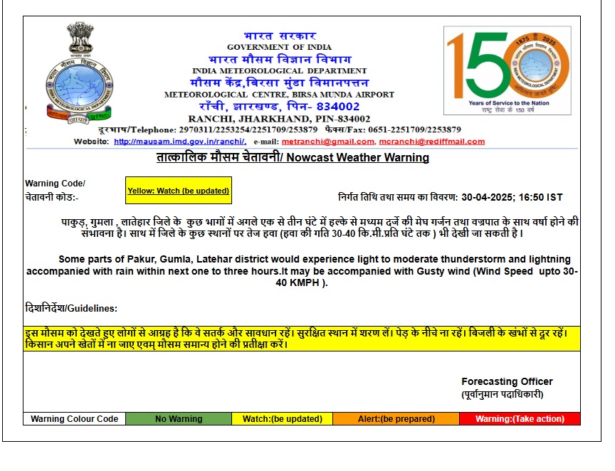 Jharkhand Weather: झारखंड के इन 7 जिलों में 2 घंटे के अंदर आंधी-तूफान के साथ झमाझम बारिश, वज्रपात की चेतावनी 1 Whatsapp Image 2025 04 30 At 4.52.30 Pm