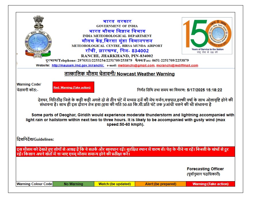 Imd Red Alert: झारखंड के इन 2 जिलों में 3 घंटे के अंदर आंधी के साथ बारिश और ओलावृष्टि, Imd का रेड अलर्ट 2 Whatsapp Image 2025 05 17 At 3.20.18 Pm