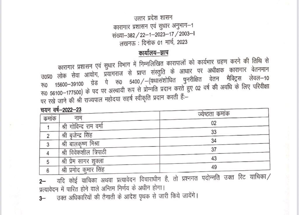 Uttar Pradesh Breaking News Live: यूपी में जेलर को प्रोमोशन, 6 बने जेल अधीक्षक, देखें सूची