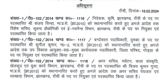 झारखंड में एक बार फिर Ias अधिकारियों का तबादला, संजय सिन्हा बनें सूचना प्रौद्योगिकी विभाग के विशेष सचिव 1 Undefined